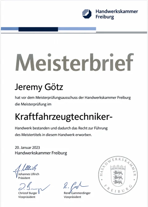 Meisterbrief von Jeremy Götz