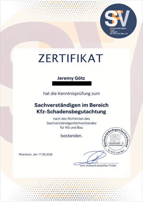 Schadensbegutachtung von Jeremy Götz; private Angaben geschwärzt